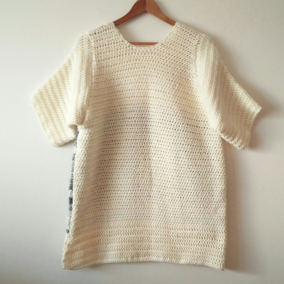 Hand Knit Short Sleeve Cream & Grey Blue Stripped Tunic Sweater - Picture 8 of 13